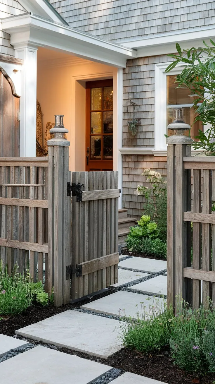This traditional foyer is beautifully framed by a custom wooden fence design. The weathered wood of the fence landscaping border adds rustic charm, while the strategically placed wooden privacy screen offers a touch of seclusion. This clever use of fence design wood showcases excellent wood fence ideas for enhancing curb appeal and creating a welcoming entrance.