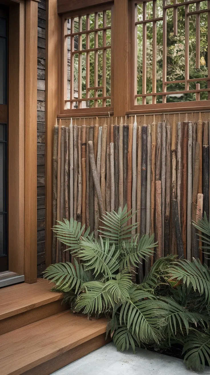Step into warmth and serenity in this traditional foyer, where a unique wooden fence design and fence landscaping border create a cozy welcome. The wooden privacy screen, a clever wood fence ideas application, adds a touch of nature's embrace.
