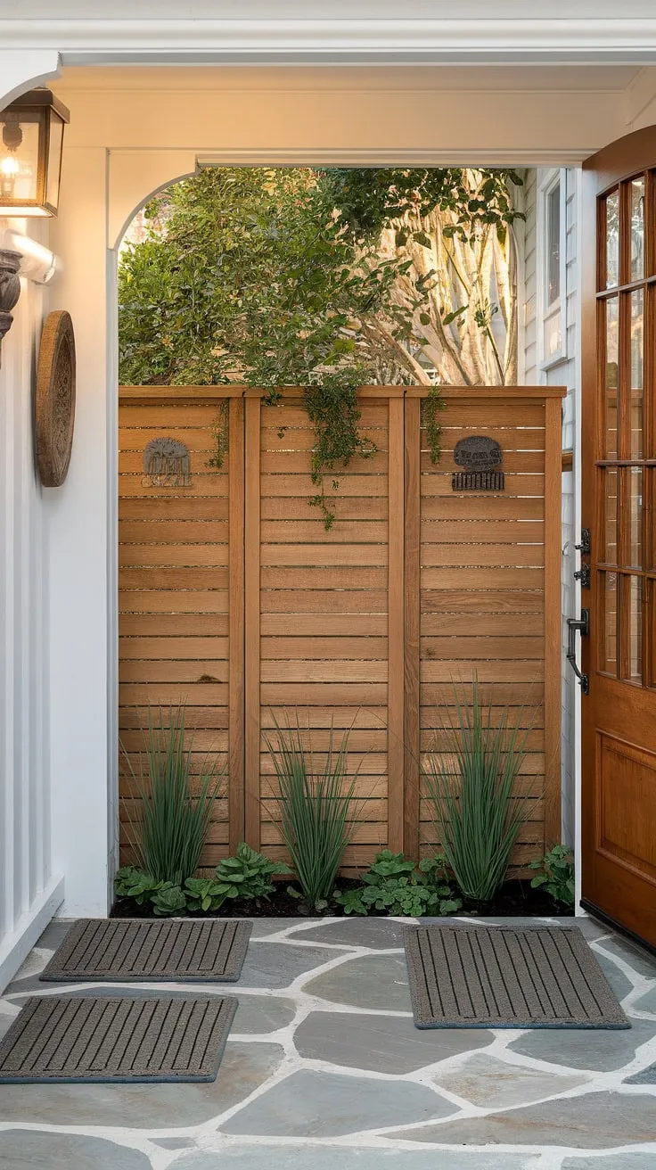 This traditional foyer's beauty is amplified by the ingenious use of a white wooden fence design as a fence landscaping border and privacy screen. The fence design wood provides a touch of rustic elegance, showcasing creative wood fence ideas.