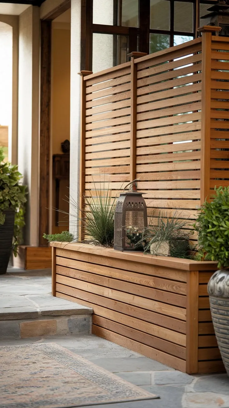 This traditional foyer's understated elegance is enhanced by the strategic use of wood. A glimpse of a rustic wooden fence design, serving as a fence landscaping border, peeks through a sophisticated wooden privacy screen. This clever use of wood fence ideas creates a sense of privacy and warmth, complementing the stone floor and inviting entryway.