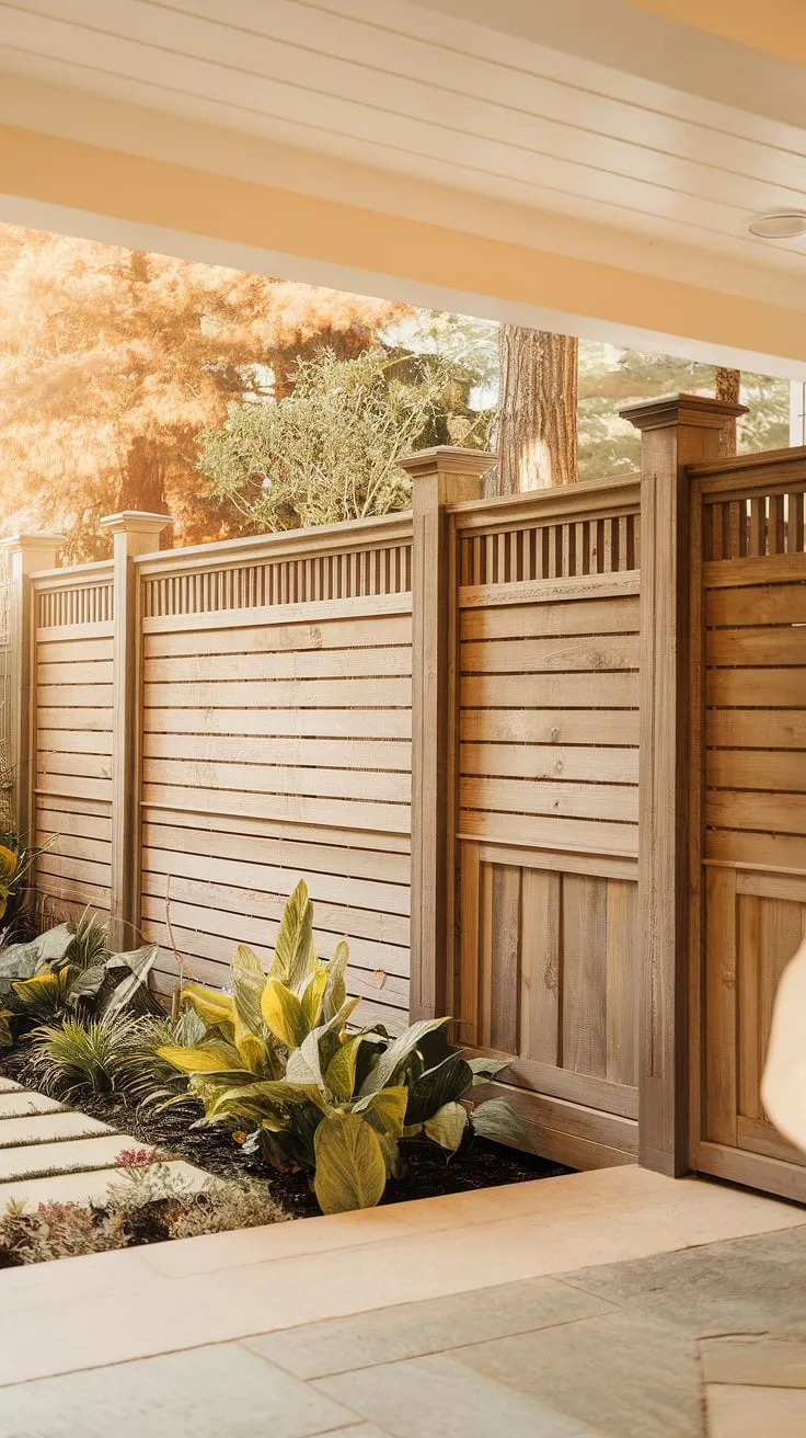A traditional foyer is transformed into a private oasis with this exquisite wooden fence design. The fence landscaping border, a masterful example of fence design wood, provides a beautiful wooden privacy screen, enhancing both privacy and aesthetic appeal. Notice the thoughtful wood fence ideas incorporated into this design, creating a warm and inviting entrance.