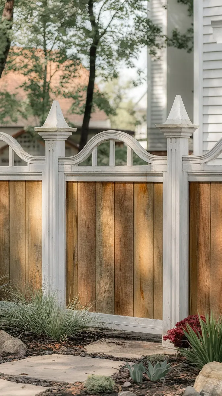 This traditional foyer's wooden privacy screen, a stunning example of fence design wood, is a masterpiece of fence landscaping border. The intricate wooden fence design and thoughtful wood fence ideas create an inviting and private space.