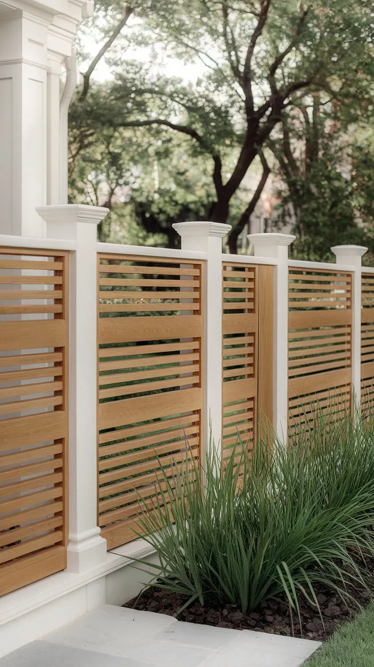 This charming traditional foyer is enhanced by a thoughtfully designed wooden fence. The fence landscaping border, constructed from vertical fence design wood, creates a stylish wooden privacy screen. The clean white paint and simple design offer a touch of elegance, while showcasing the vibrant greenery beyond. Consider this a perfect example of wood fence ideas for creating a welcoming and private entrance.