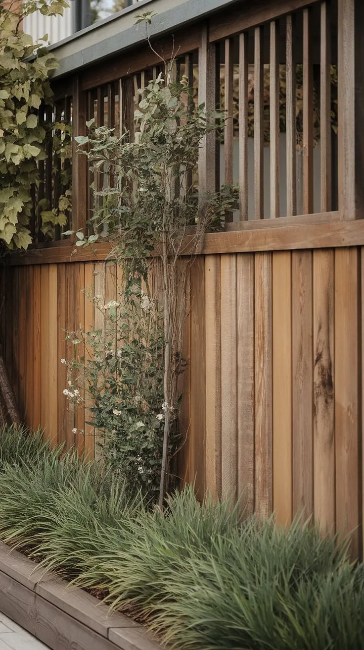 This traditional foyer's beauty is enhanced by a stunning wooden fence design. The fence serves as a charming wooden privacy screen and a natural fence landscaping border, with strategically placed gaps highlighting the surrounding greenery. This is a perfect example of creative wood fence ideas for adding rustic elegance to any home.