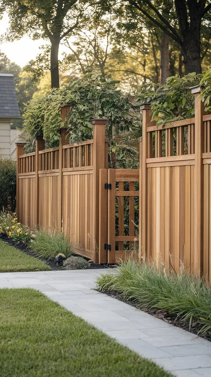 A traditional foyer is beautifully framed by a custom wooden fence design, acting as both a stylish wooden privacy screen and a neat fence landscaping border. The meticulously maintained lawn and vibrant flowerbeds complement the rich wood fence ideas showcased in this elegant fence design wood.
