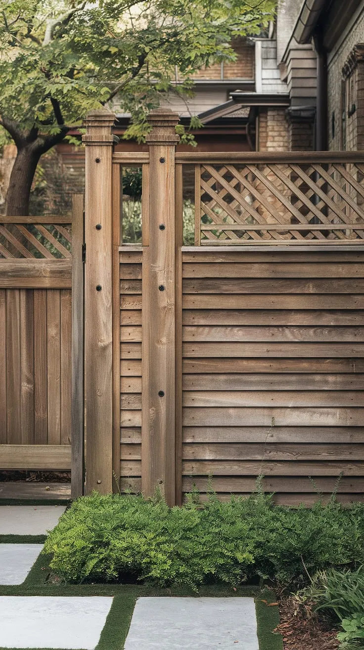 The weathered elegance of this traditional foyer is perfectly complemented by the simple yet effective wooden fence design. Used as a fence landscaping border, the fence also provides a rustic wooden privacy screen. The choice of fence design wood is both practical and aesthetically pleasing, offering inspiration for your own wood fence ideas.