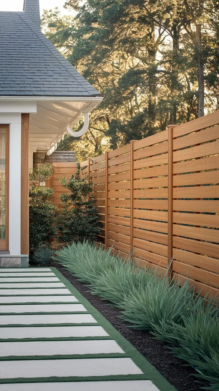 The warm wood tones of this fence design wood perfectly complement the traditional foyer. Used as a fence landscaping border and a wooden privacy screen, this clever wood fence ideas application demonstrates the versatility of a wooden fence design in enhancing both curb appeal and privacy.