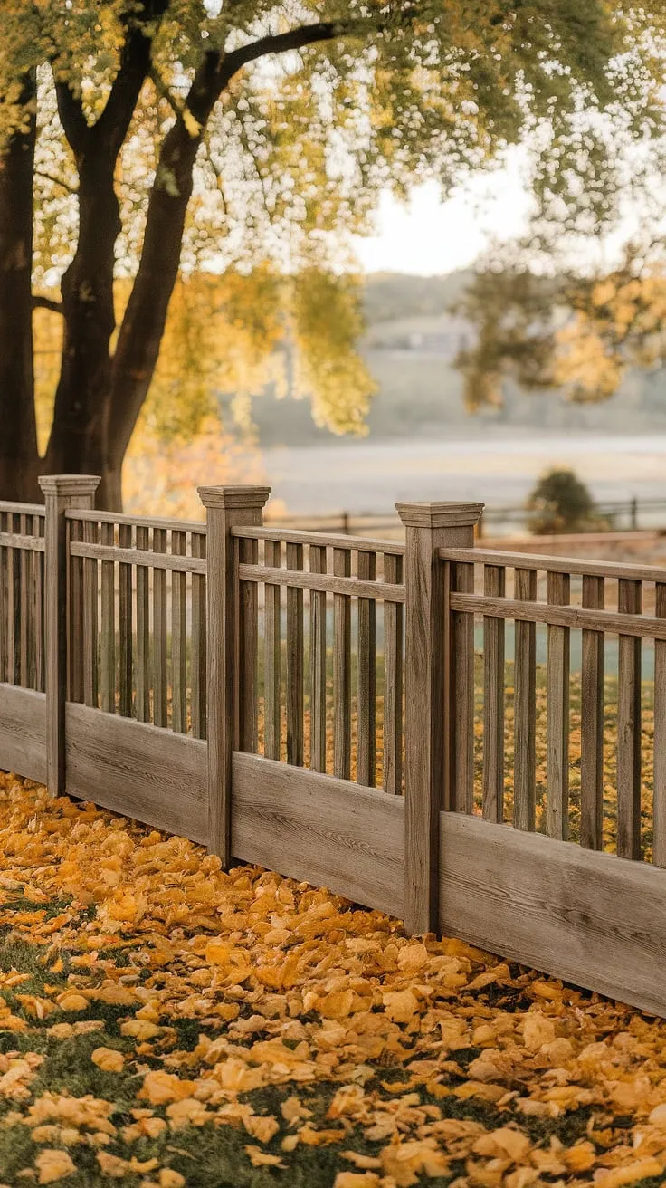 A traditional foyer is beautifully framed by a rustic wooden fence design, acting as both a fence landscaping border and a charming wooden privacy screen. The weathered fence design wood, a testament to time and nature, complements the autumnal scene of yellow leaves. This wood fence ideas showcases a perfect blend of functionality and aesthetic appeal, with a serene landscape and distant buildings completing the picturesque backdrop.