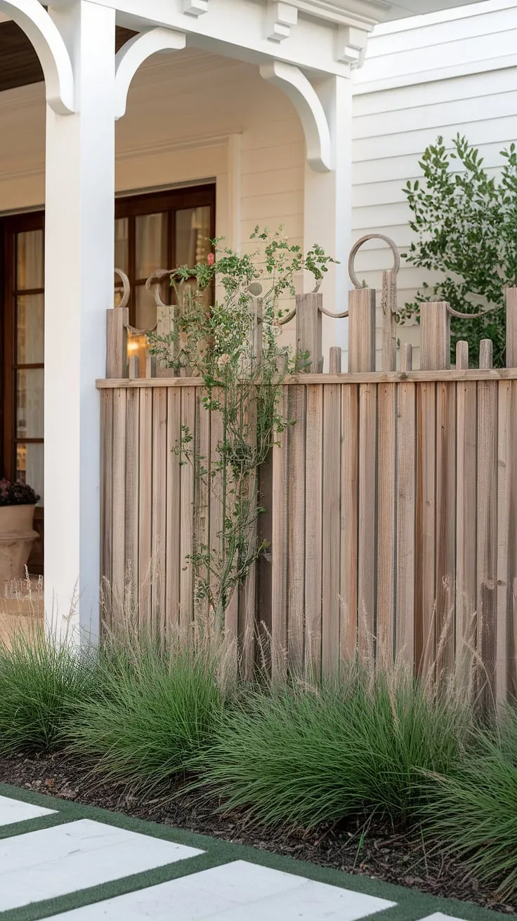 A traditional foyer welcomes you, framed by a stunning wooden fence design. This fence landscaping border and wooden privacy screen offer both privacy and a touch of rustic elegance, showcasing creative fence design wood and inspiring wood fence ideas.