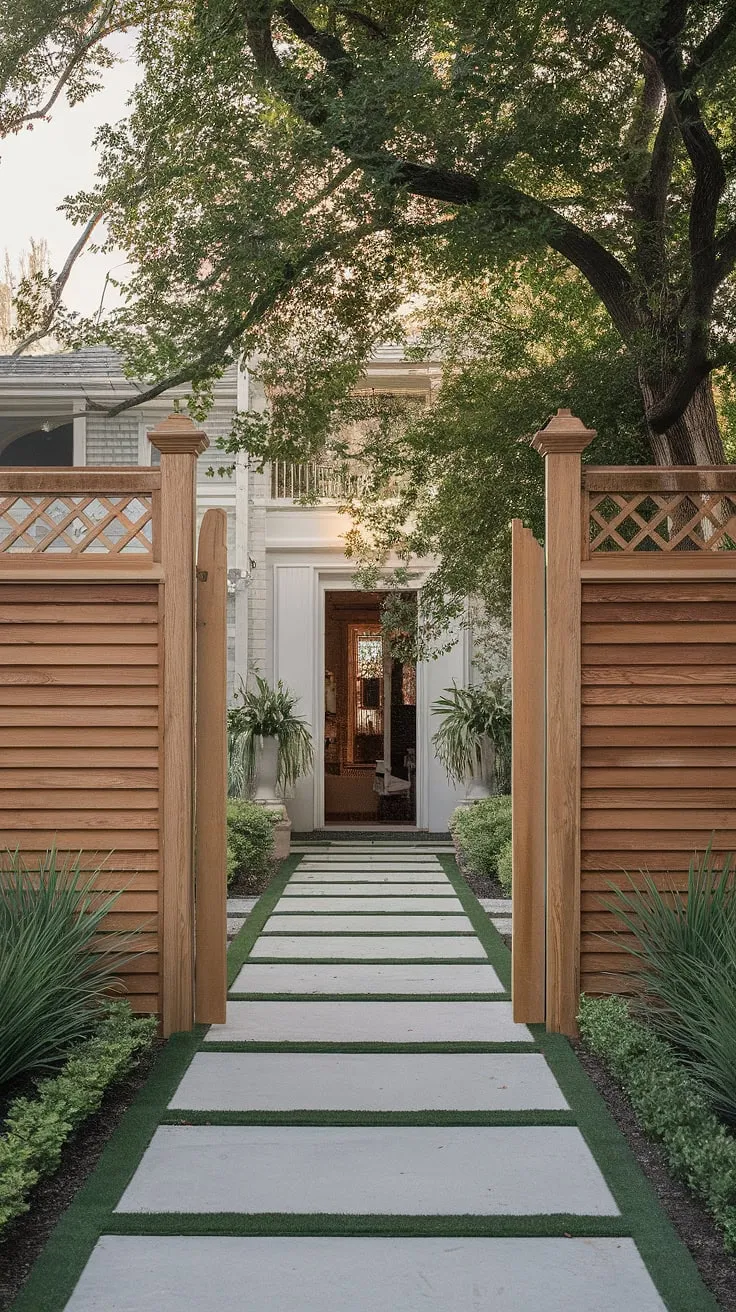 A traditional foyer enhanced by the elegant lines of a custom wooden fence design, creating a stunning fence landscaping border and a beautiful wooden privacy screen. This wood fence ideas showcases the perfect blend of style and function.