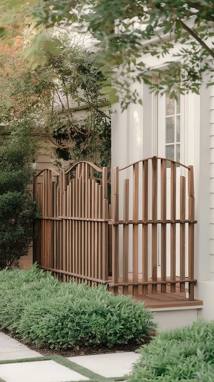 This charming traditional foyer is enhanced by a thoughtfully designed wooden fence. The white-painted fence serves as a functional fence landscaping border and an elegant wooden privacy screen. Note the beautiful fence design wood and the overall effect – a perfect example of wood fence ideas for creating a private and inviting entryway.