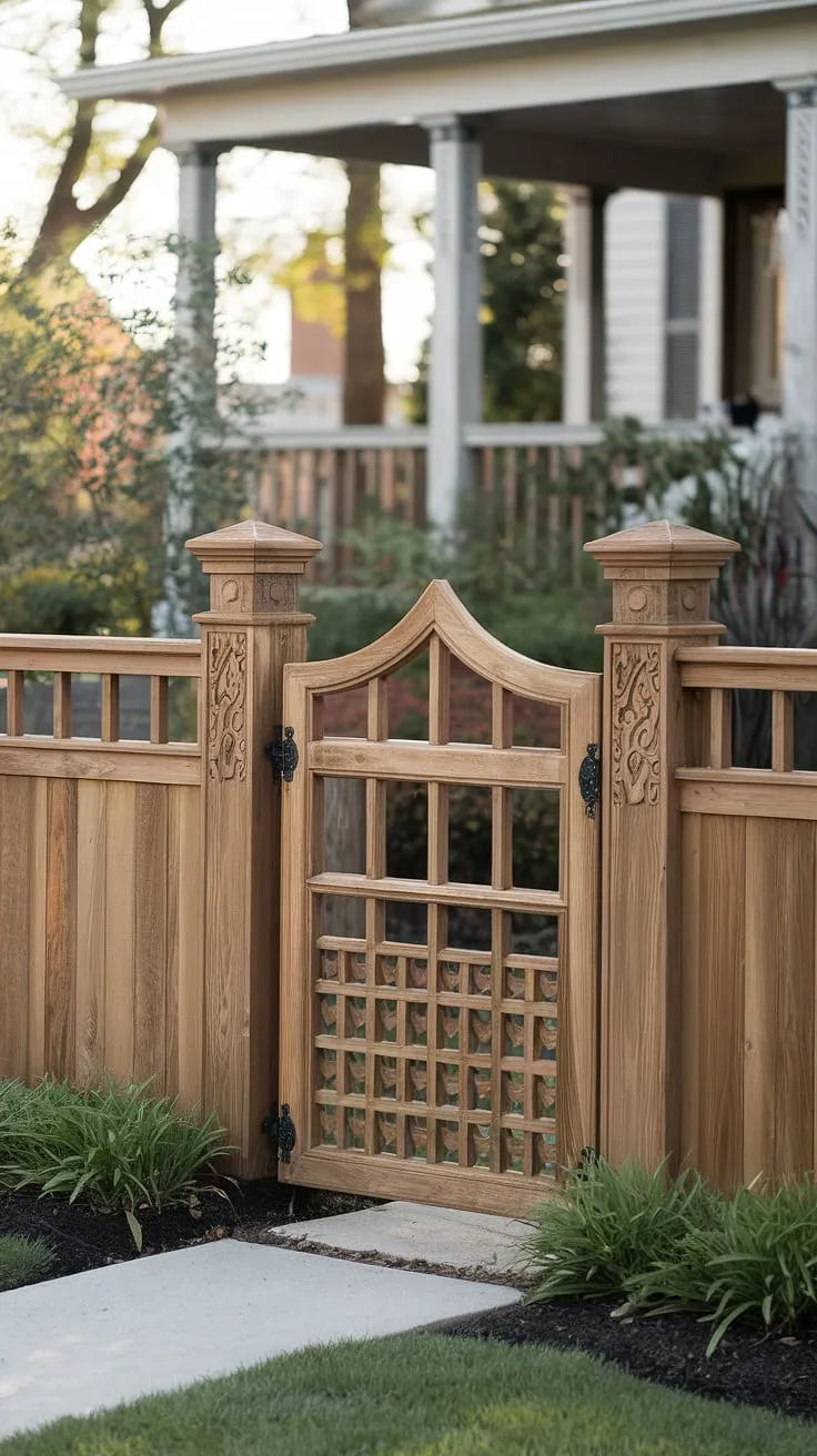 This traditional foyer is beautifully framed by a handcrafted wooden fence design, showcasing intricate carvings on select posts. The fence landscaping border, acting as a wooden privacy screen, enhances the curb appeal. This wood fence ideas implementation perfectly blends functionality with aesthetic charm.