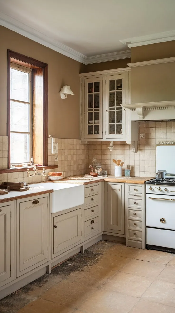 A traditional kitchen renovation reveals a serene space bathed in beige, highlighted by crisp white appliances and a wood-framed window.