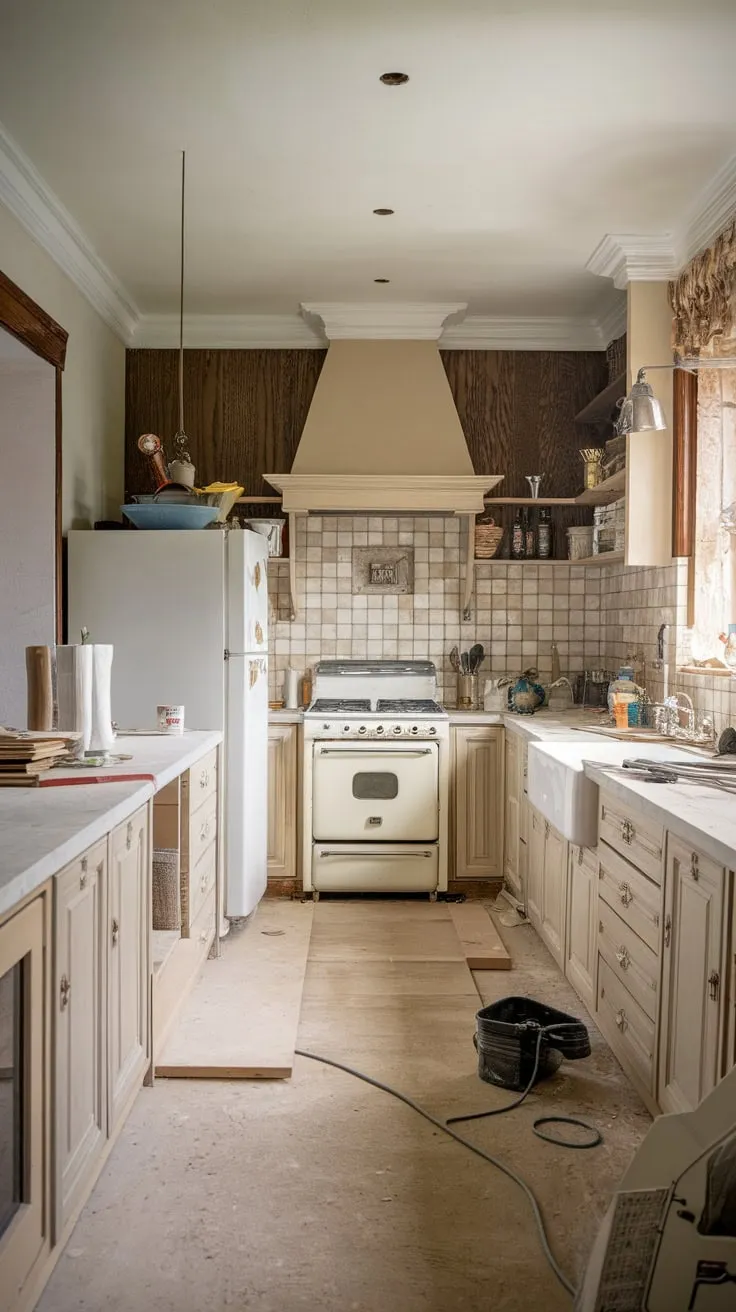 A beige and white traditional kitchen undergoes renovation amidst scattered tools and materials.