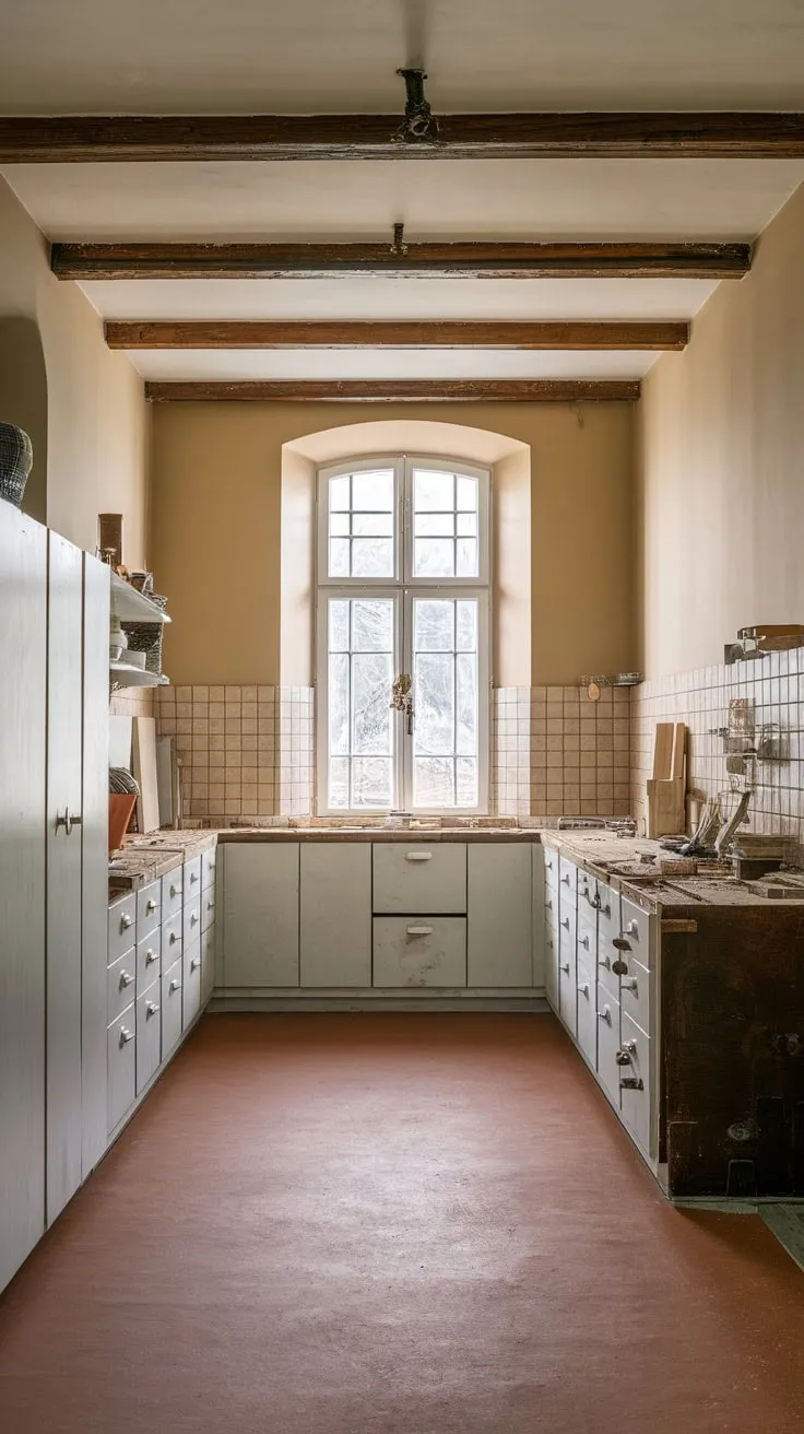 Natural light floods a charming traditional kitchen renovation featuring white cabinets, exposed beams, and a warm color palette.