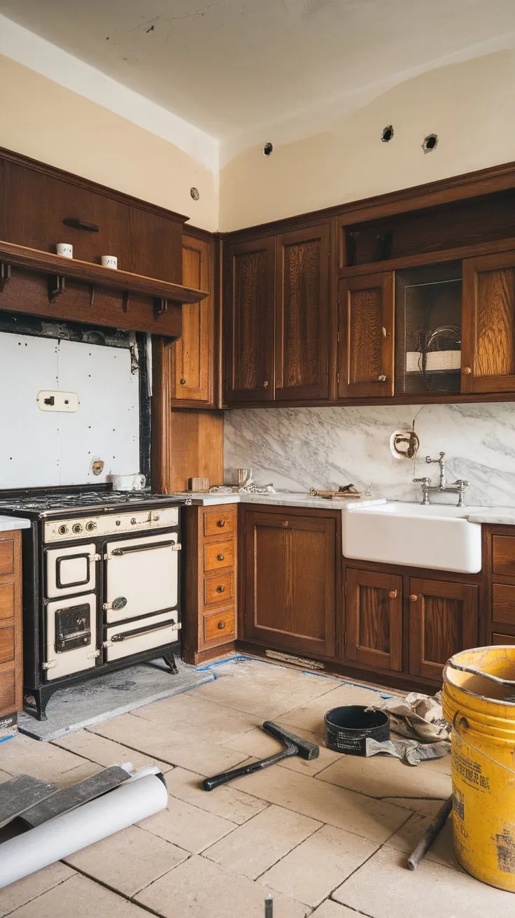 Classic wooden cabinets and beige tiles form the backdrop of a traditional kitchen renovation, a scene of charming chaos.