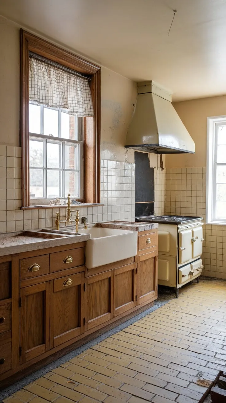 A traditional kitchen renovation reveals a nostalgic heart with wooden cabinets, brass hardware, and a vintage stove amidst beige-tiled walls and a checkered window.