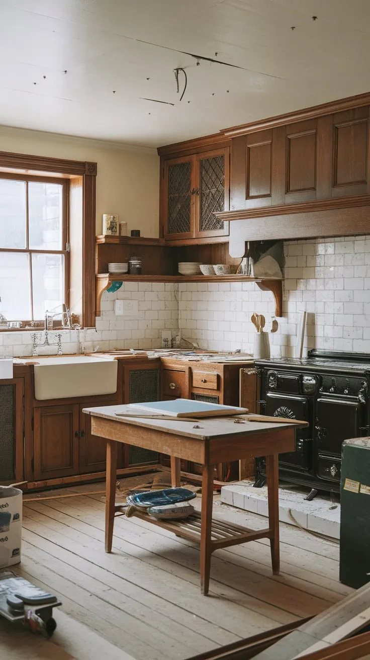 A traditional wooden kitchen undergoes renovation, its classic cabinetry and table surrounded by the chaos of tools and materials.