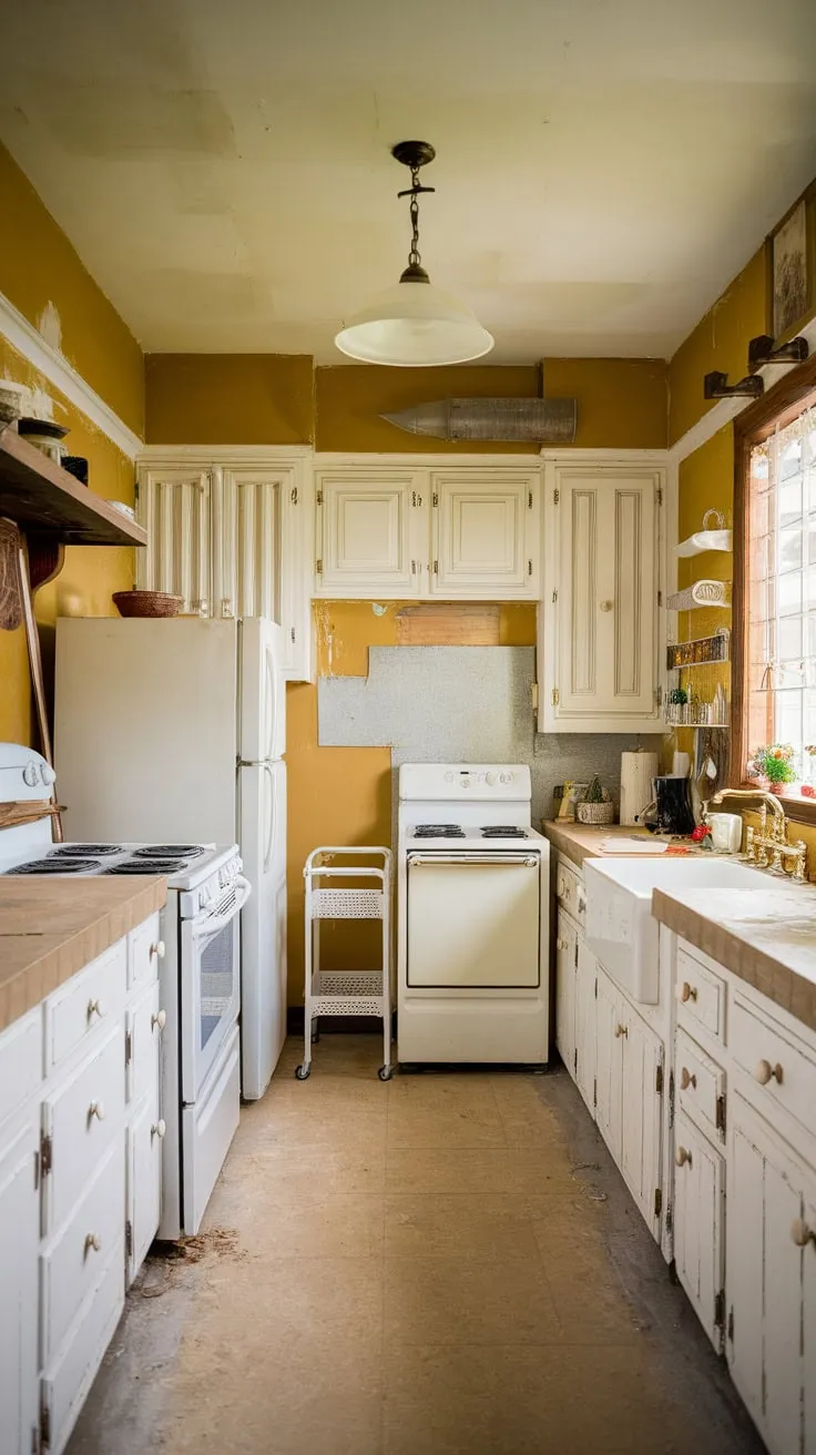 Warm yellow walls and pristine white cabinetry define this traditional kitchen's renovation, highlighted by beige tile floors and countertops.