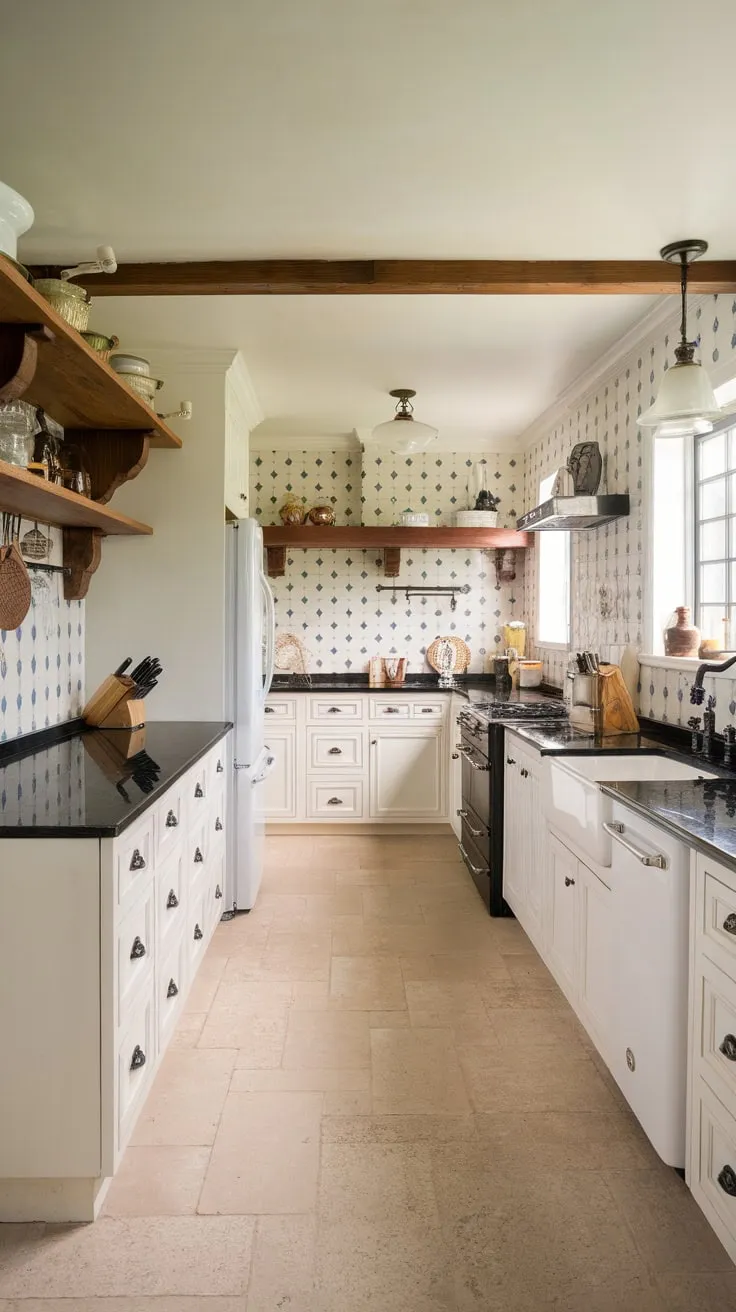 Warm wood and cool tones blend in this charming traditional kitchen remodel featuring white cabinetry, black granite countertops, and a patterned backsplash.