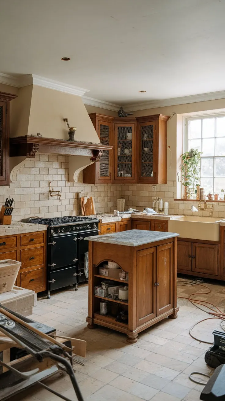 A charming traditional kitchen renovation blends warm wood cabinets and marble accents amidst the organized chaos of progress.