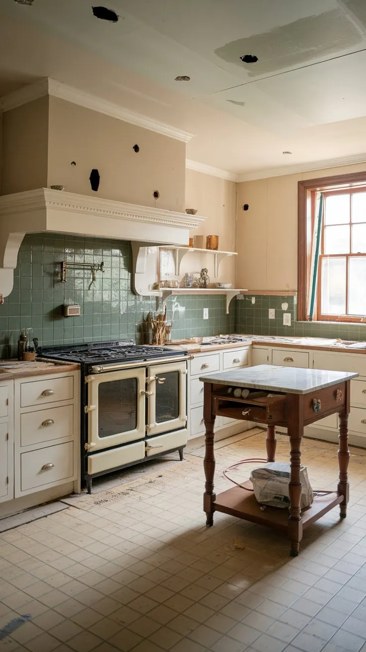 Beige tiles and a retro stove with a glass oven door complete the scene's traditional charm.