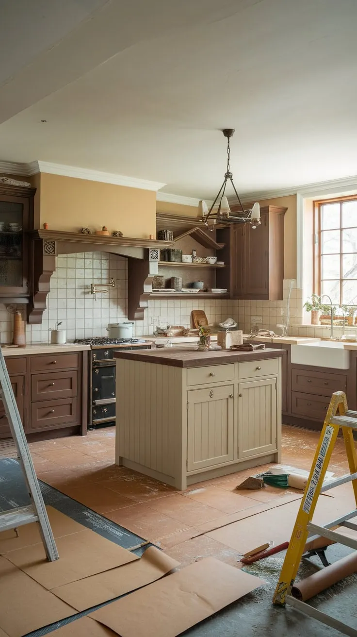 Brown tiles, beige backsplash, and brown cabinets create a warm, classic atmosphere in this traditional kitchen undergoing a charming restoration.