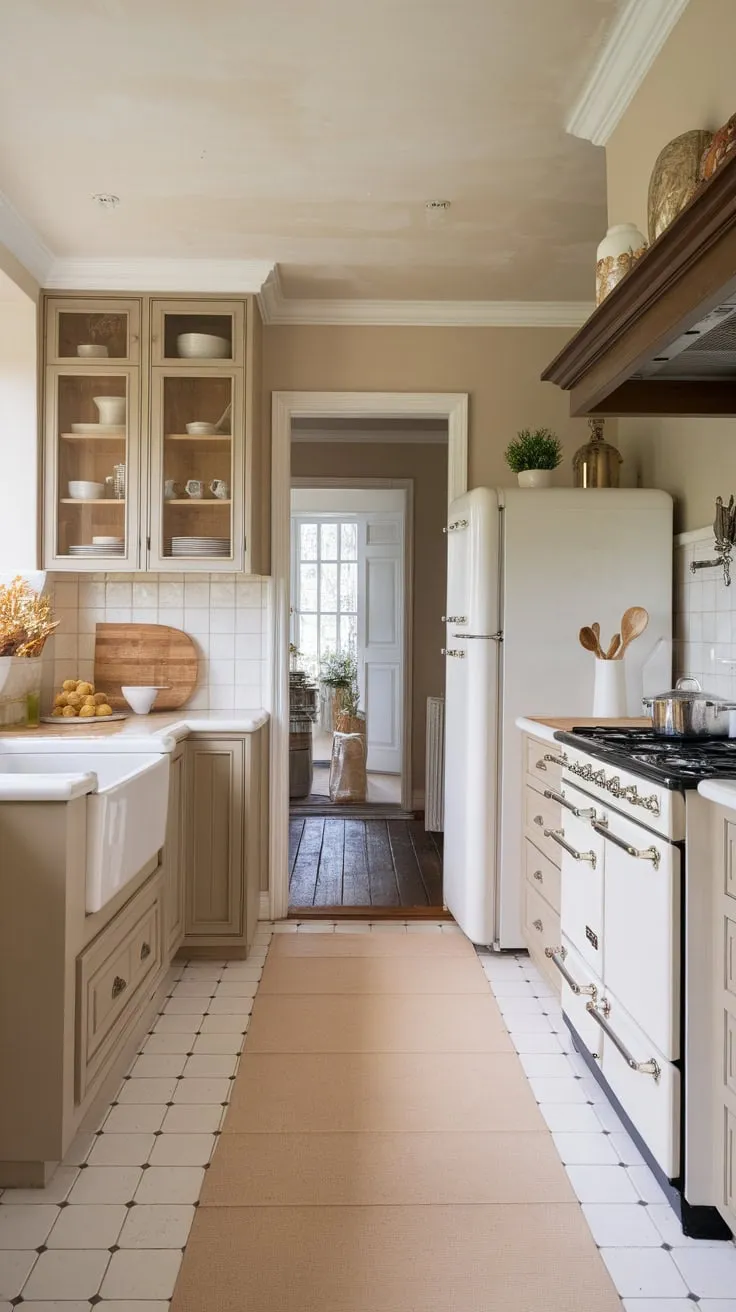 Classic charm meets modern updates in this renovated kitchen, featuring a beige and white palette and subtle wooden details.