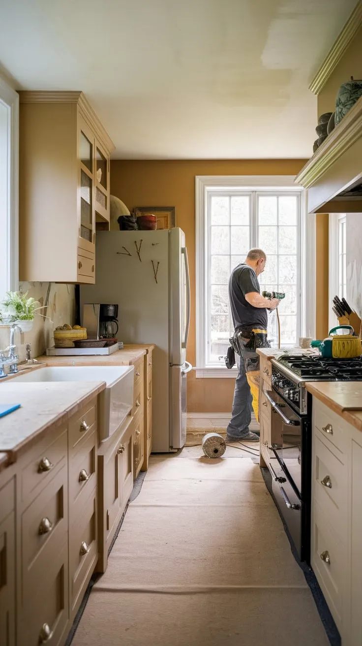 Dust motes dance in the sunlit window of a traditional kitchen undergoing a quiet transformation.