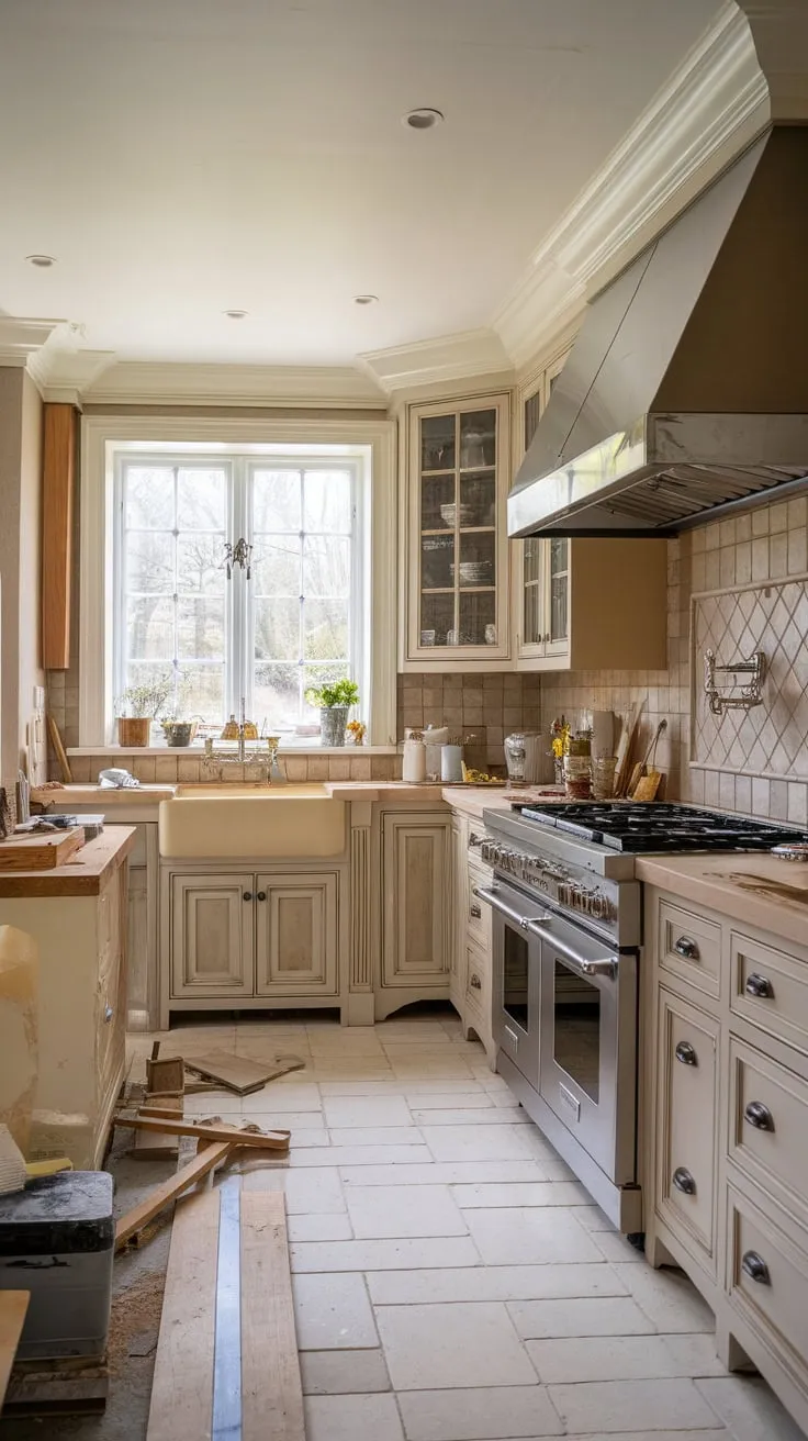 A traditional kitchen renovation unfolds amidst a sea of beige cabinetry, countertops, and tile, punctuated by gleaming stainless steel and the potential of a beautiful backyard.