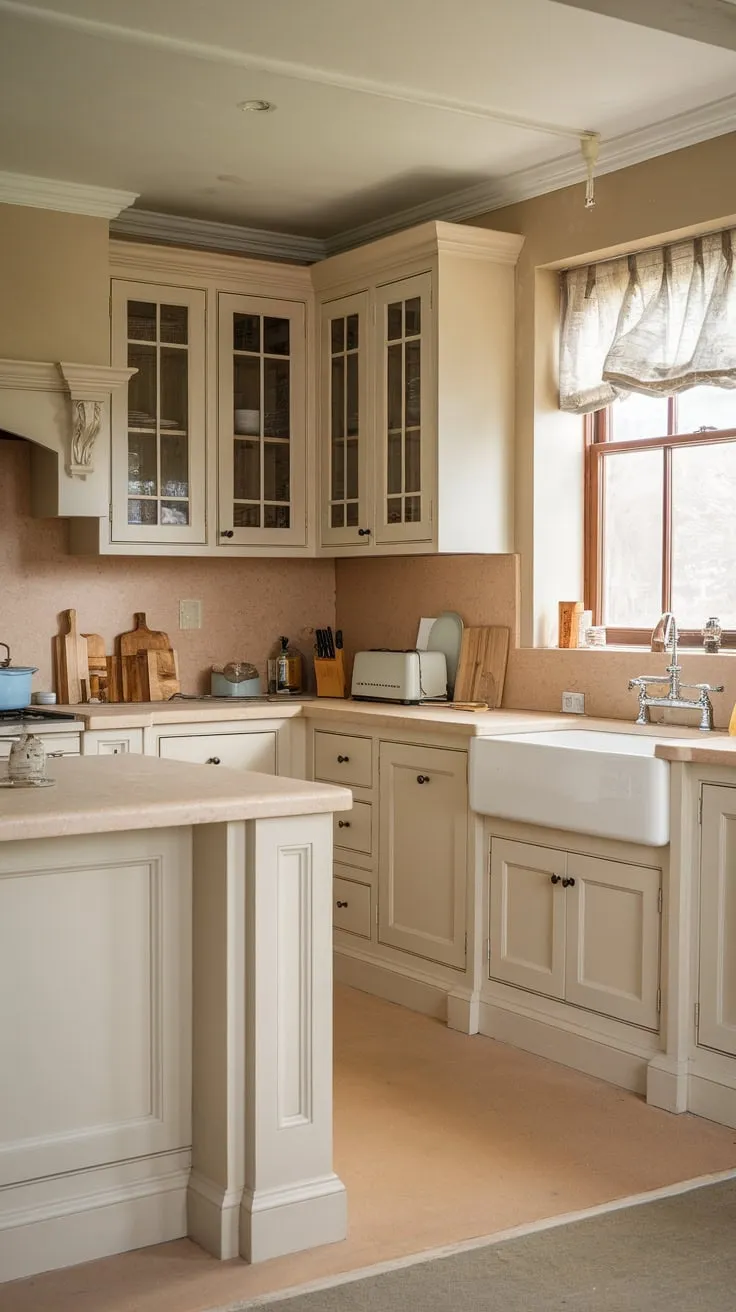 A traditional kitchen renovation in beige and white creates a bright, airy space with simple, functional details.