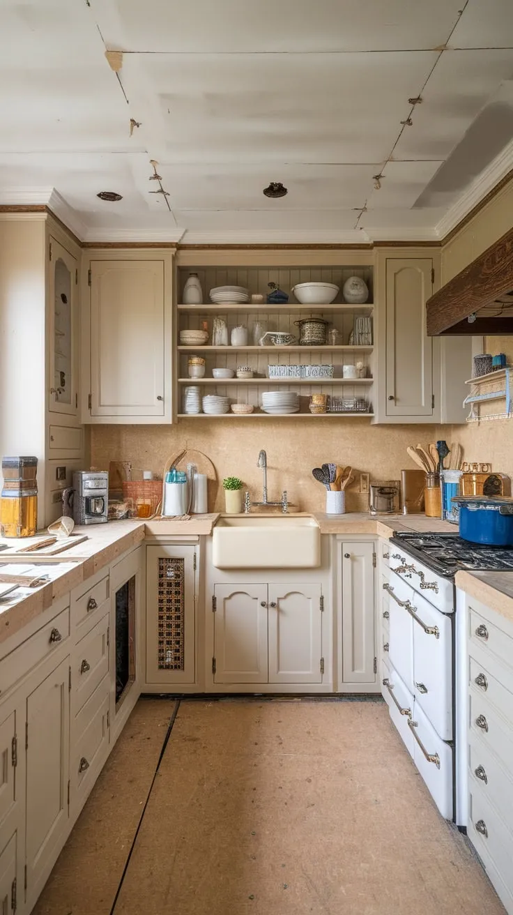 Under bright lights, a traditional kitchen renovation exposes beige cabinets, countertops, and backsplash, highlighting the home's history.