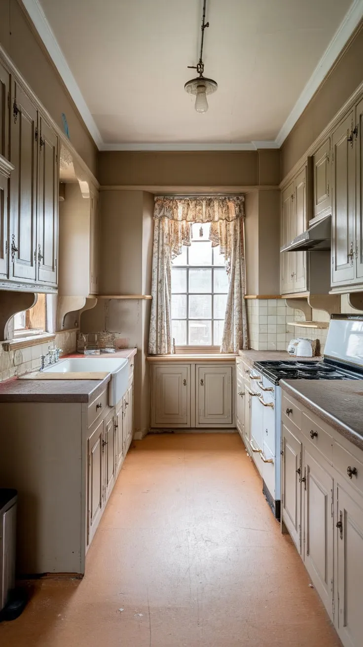 A beige-toned traditional kitchen undergoes renovation, its classic charm preserved amidst updated fixtures.