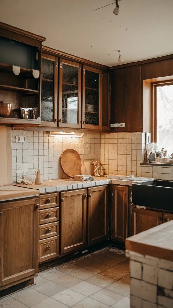 Warm lighting illuminates a traditional kitchen renovation featuring wooden cabinets, beige backsplash, and black sink, creating a cozy atmosphere