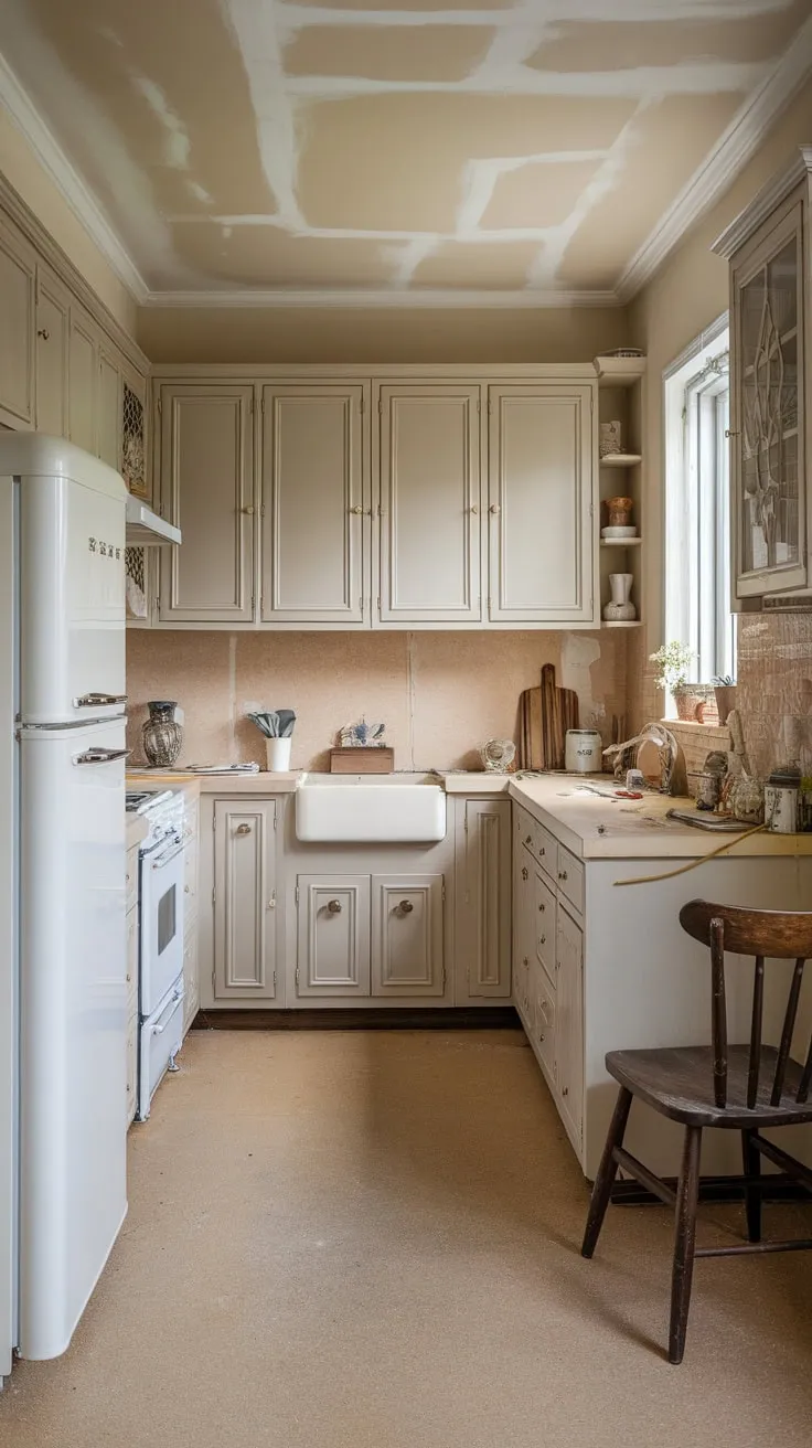 A beige-toned traditional kitchen renovation showcases a timeless aesthetic with white appliances and a wooden chair adding warmth.