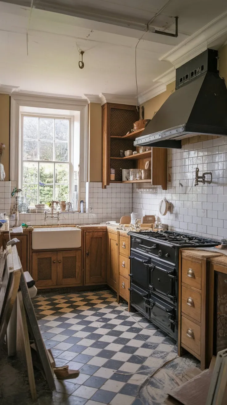 Amidst renovation chaos, a traditional kitchen's charm shines through its wood cabinets, white backsplash, and vintage details.