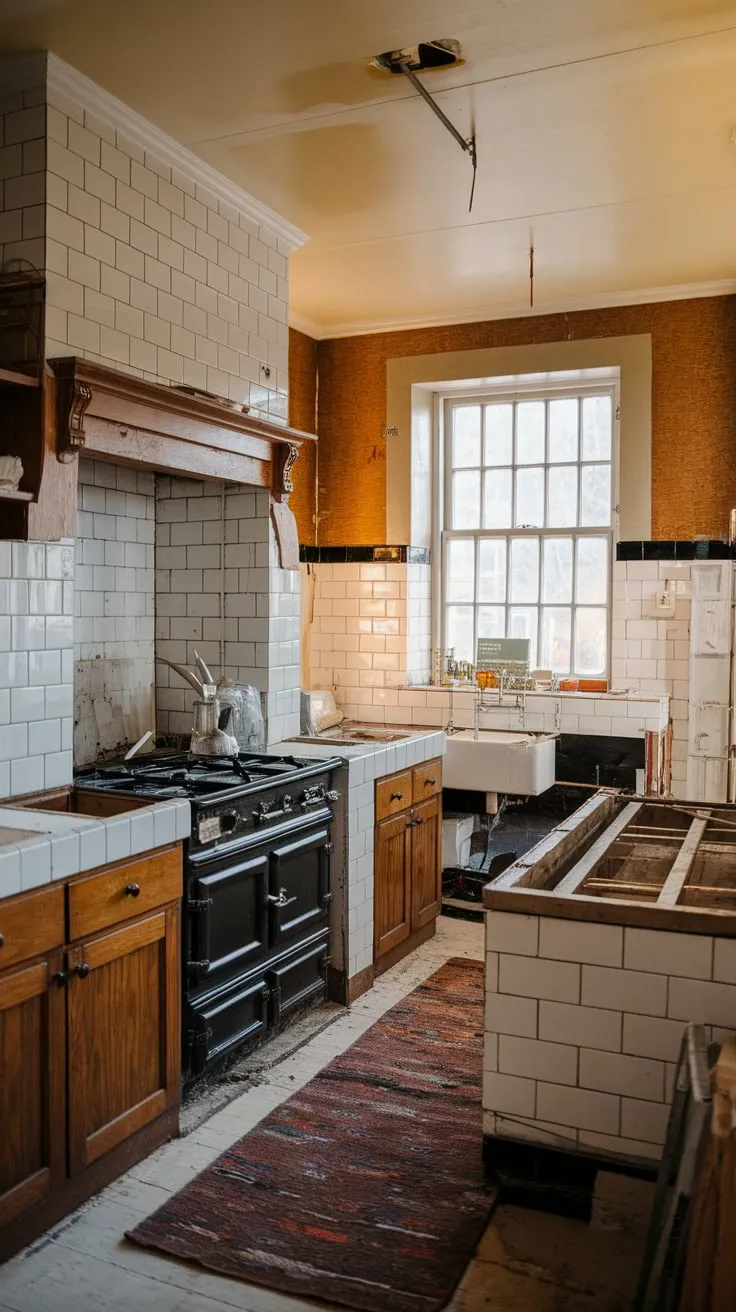 Warmth fills a traditional kitchen undergoing renovation, its wooden cabinets and black stove contrasting beautifully with the white tiles and new worktop.