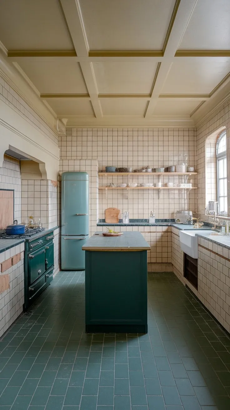 Beige and dark green tiles create a classic, renovated kitchen with a statement green island.
