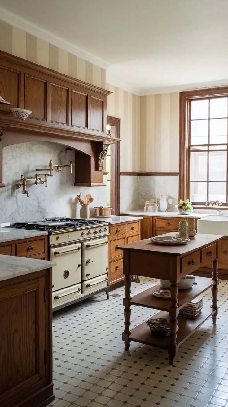 A renovated traditional kitchen blends classic wooden features with modern updates for timeless appeal.