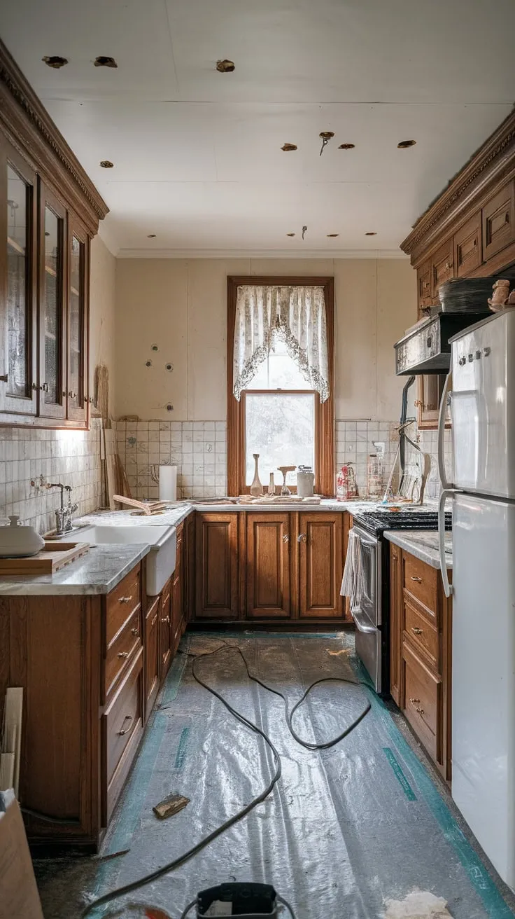 Dust and debris obscure a timeless kitchen's elegance, as renovation reveals its potential for renewed glory.