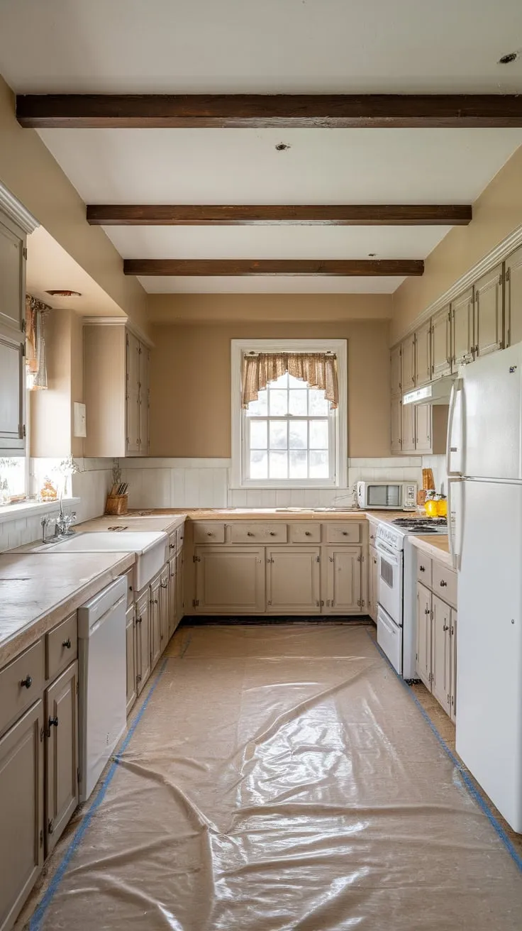 A beige-toned traditional kitchen undergoes renovation, its wooden beams and white appliances hinting at a charming transformation
