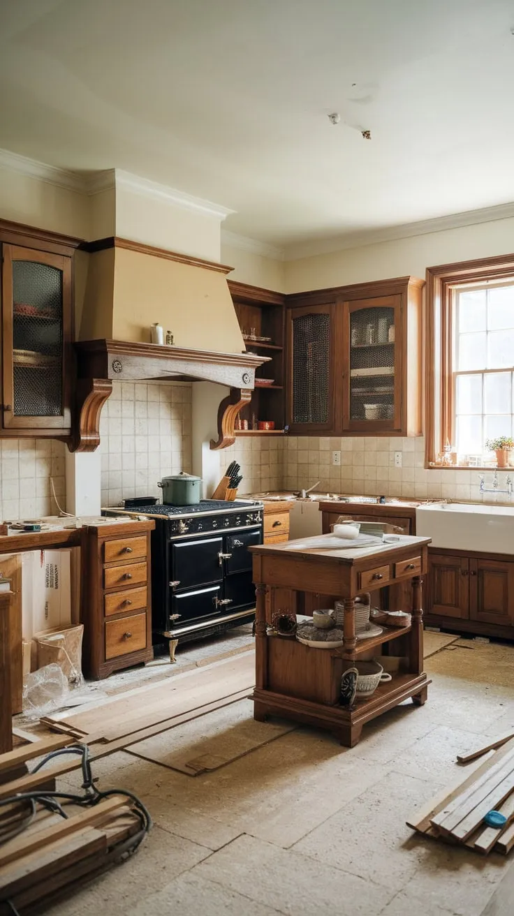 A traditional kitchen renovation unfolds amidst scattered tools, showcasing warm wood cabinets, a beige backsplash, and a black stove.