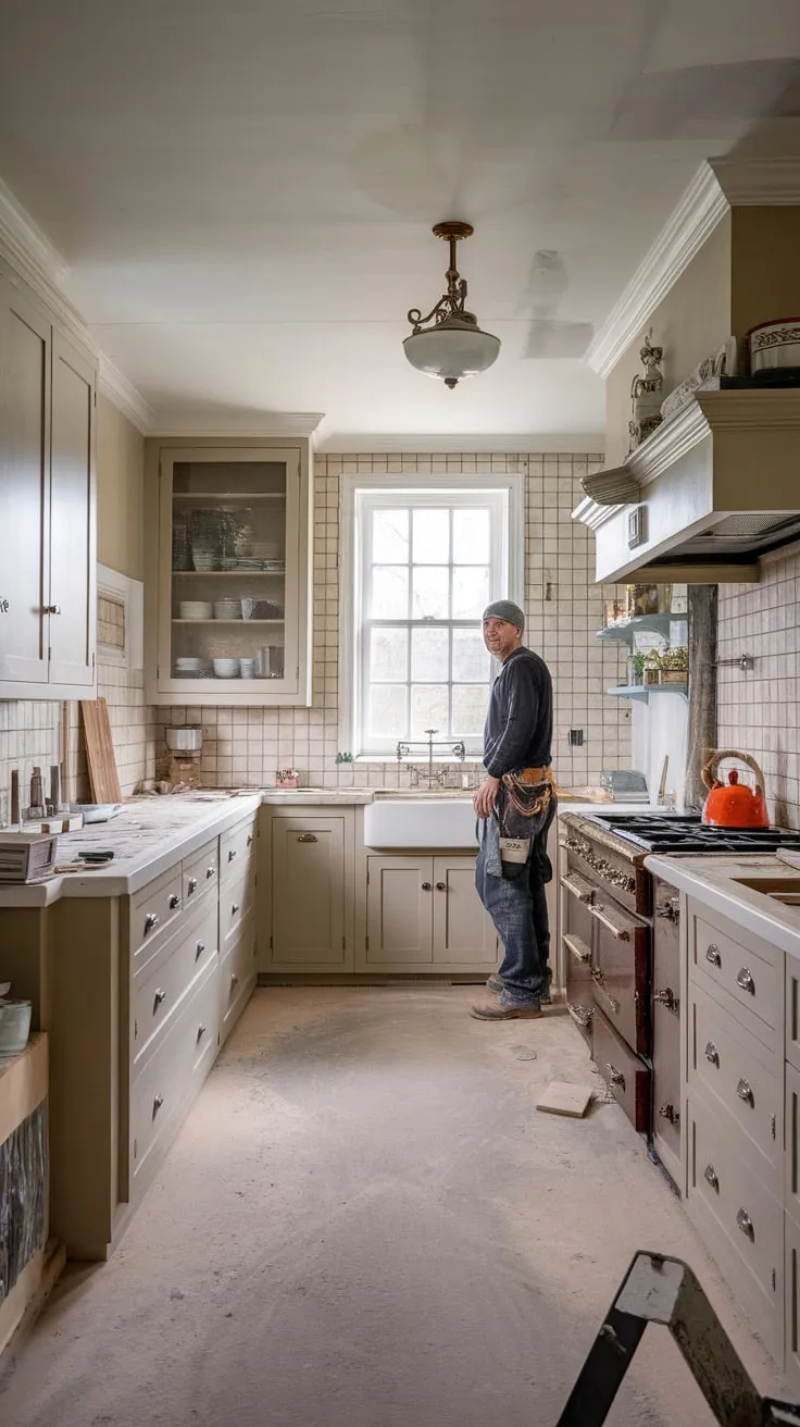 A contractor oversees the renovation of a timeless kitchen, its beige cabinets and white counters hinting at a renewed elegance.