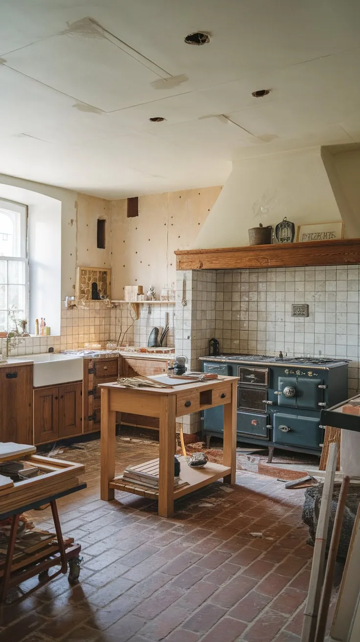A vintage stove and wooden cabinets highlight the charming, yet chaotic, renovation of a traditional brick-floored kitchen.