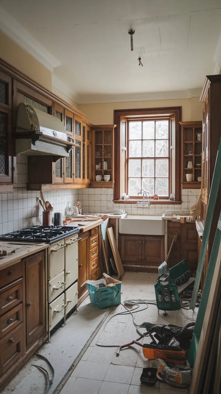 A charming traditional kitchen's renovation reveals warm wood cabinets, a bright white sink, and a gas range amidst the organized chaos of tools and materials.