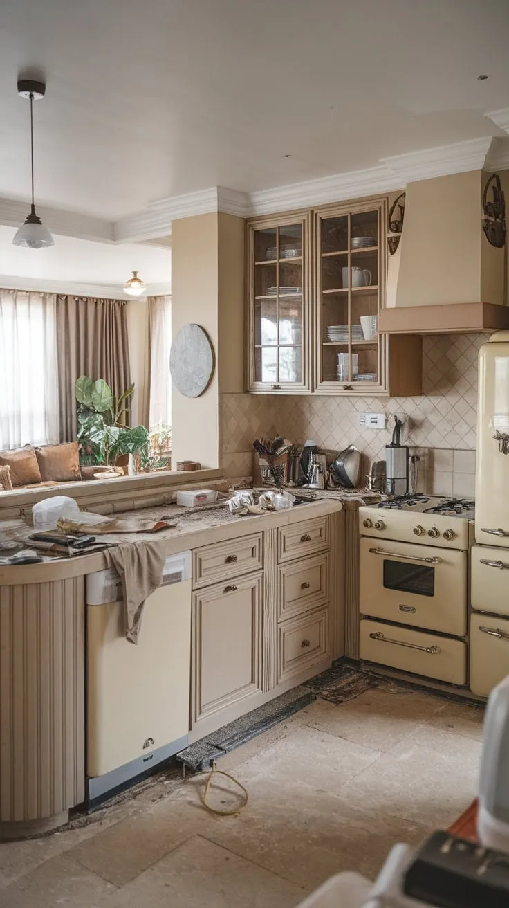 Soft lighting illuminates a beige-toned traditional kitchen undergoing renovation, tools scattered amidst the calm chaos.