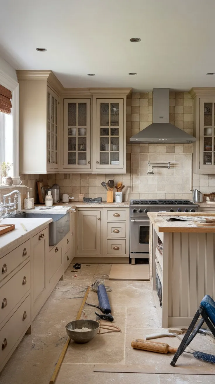 Beige reigns supreme in this traditional kitchen undergoing a chaotic yet charming renovation.