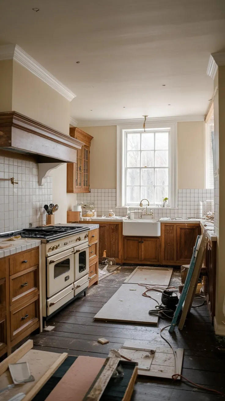 Dark wood floors and a tiled backsplash set the stage for a traditional kitchen's transformation.