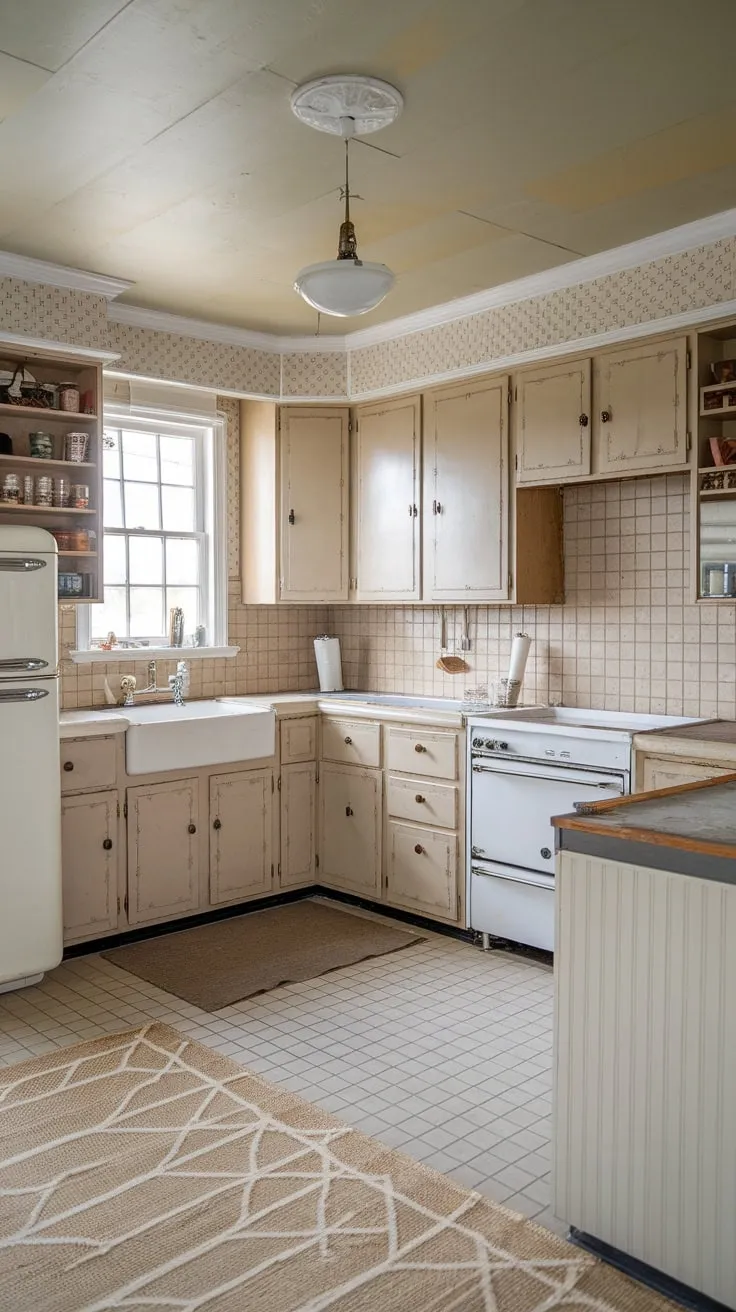 A beige and white traditional kitchen, undergoing renovation, showcases a timeless aesthetic with its monochromatic palette and classic appliances.