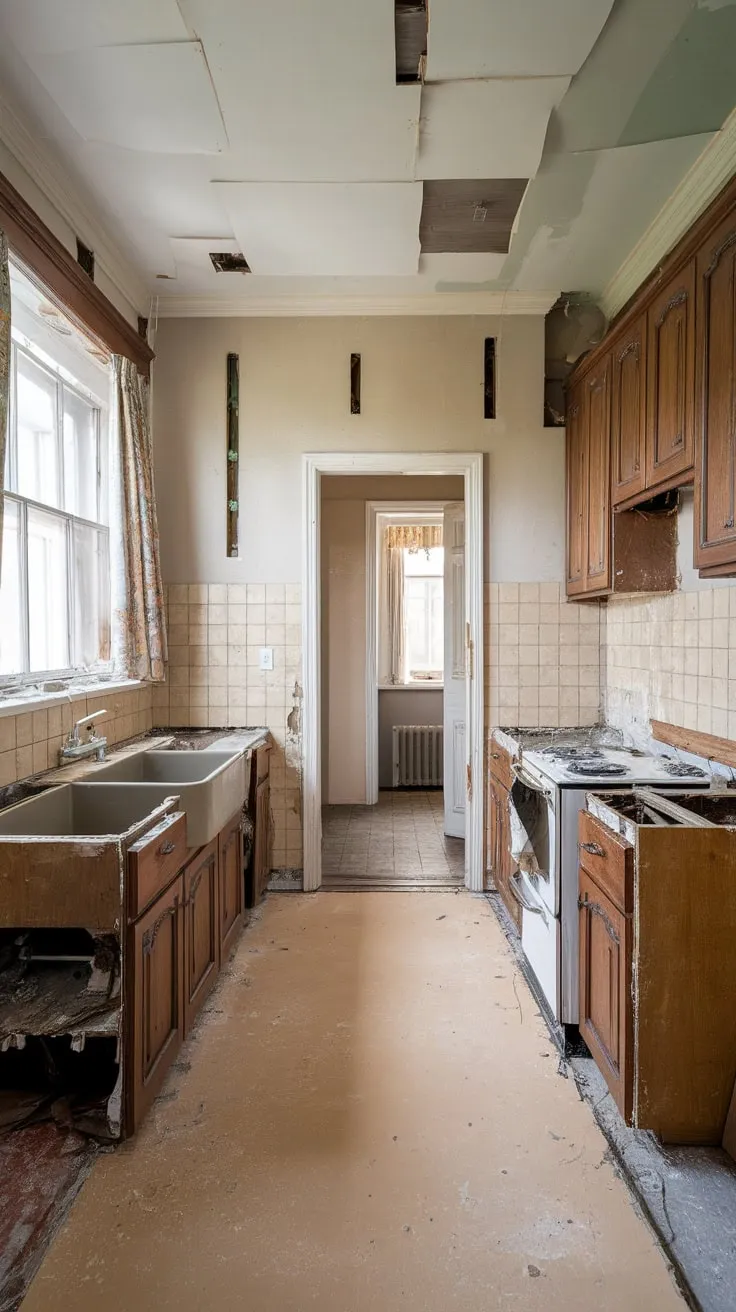 Stripped-down to its bones, a traditional kitchen's renovation exposes aged wood, cracked tile, and the promise of a fresh design.